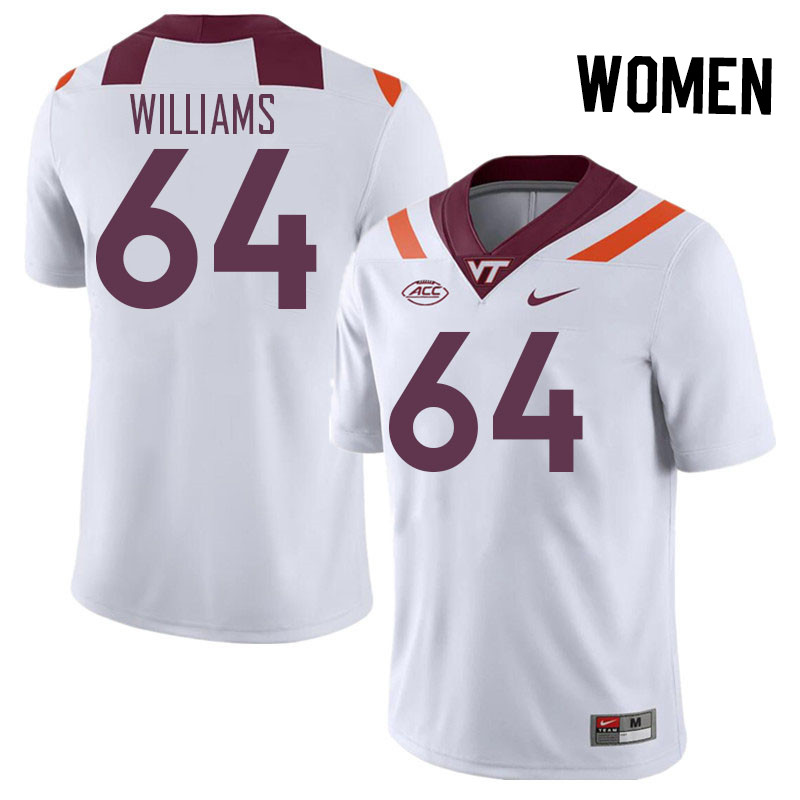 Women #64 Lance Williams Virginia Tech Hokies College Football Jerseys Stitched Sale-White - Click Image to Close